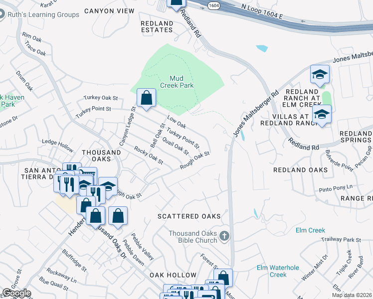 map of restaurants, bars, coffee shops, grocery stores, and more near 2951 Quail Oak Street in San Antonio