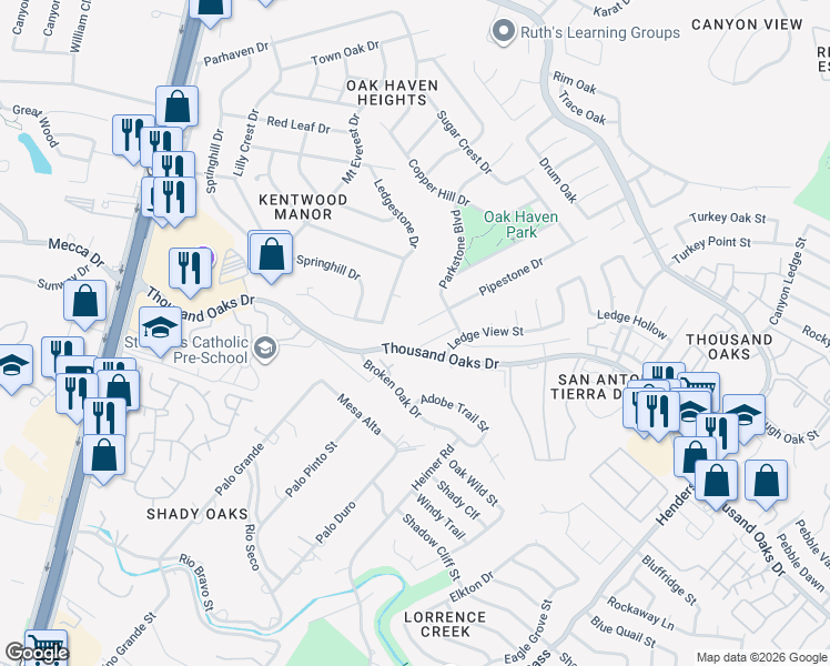 map of restaurants, bars, coffee shops, grocery stores, and more near 2053 Thousand Oaks Drive in San Antonio