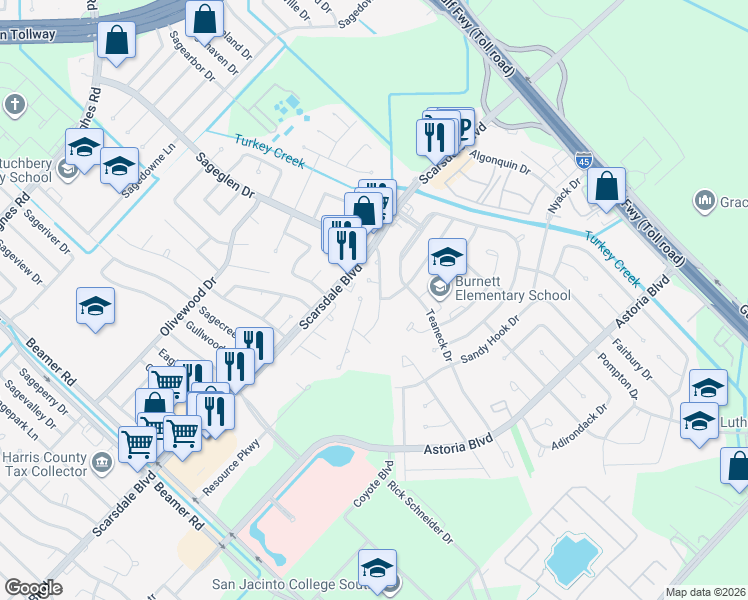 map of restaurants, bars, coffee shops, grocery stores, and more near 11426 Davenwood Drive in Houston