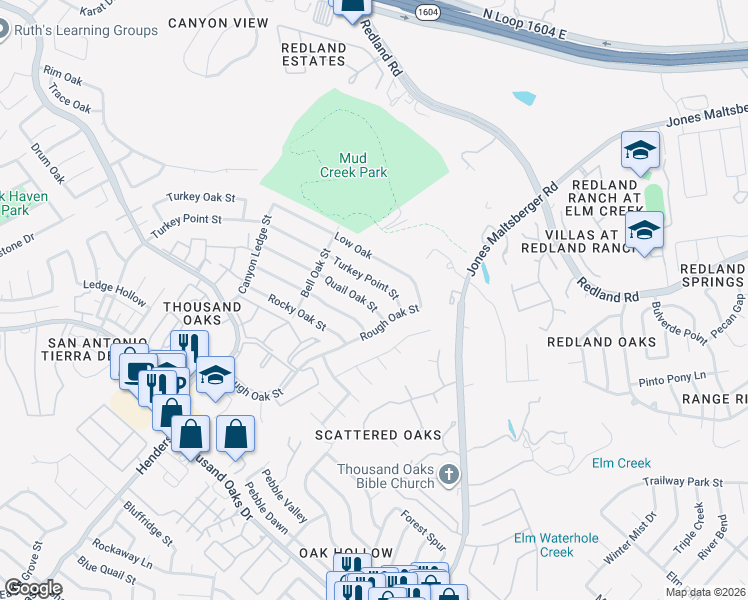 map of restaurants, bars, coffee shops, grocery stores, and more near 2951 Quail Oak Street in San Antonio