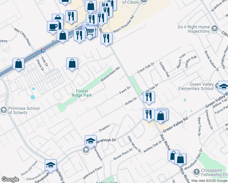 map of restaurants, bars, coffee shops, grocery stores, and more near 1113 Fawn Drive in Schertz