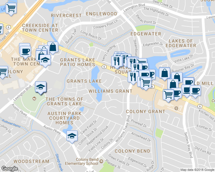 map of restaurants, bars, coffee shops, grocery stores, and more near 2402 Hodges Bend Circle in Sugar Land