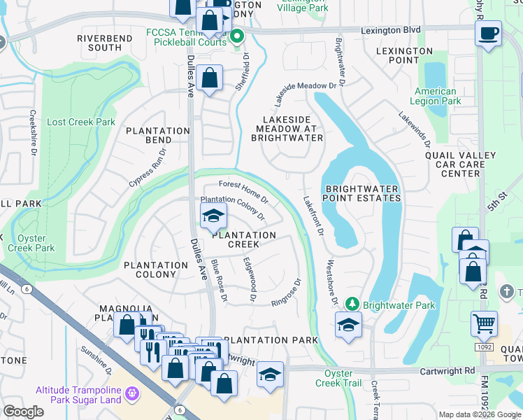 map of restaurants, bars, coffee shops, grocery stores, and more near 4502 Plantation Colony Drive in Missouri City