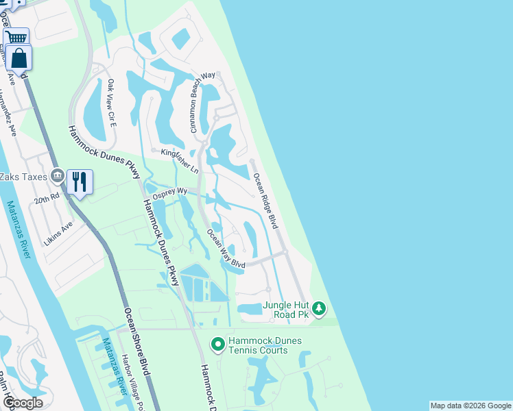 map of restaurants, bars, coffee shops, grocery stores, and more near 44 Sandpiper Lane in Palm Coast