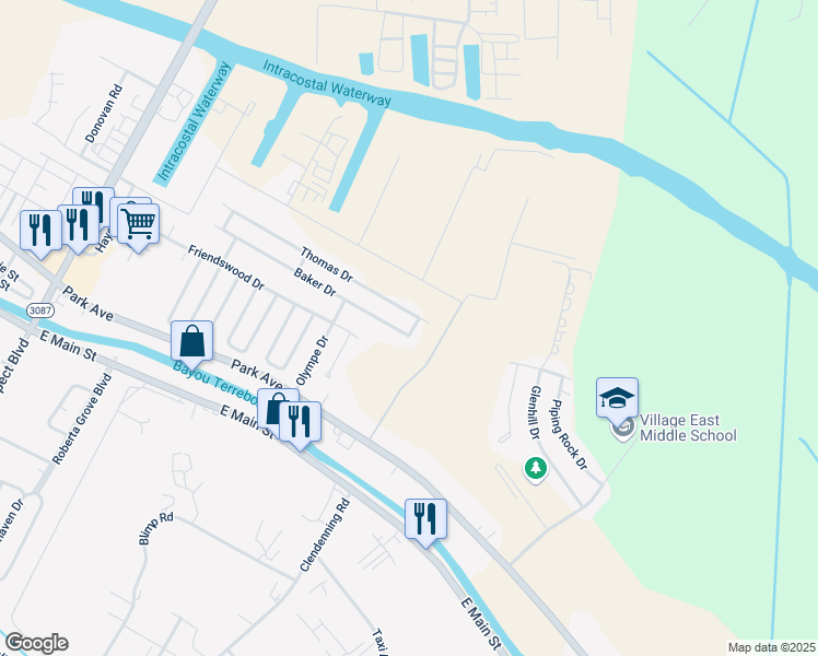 map of restaurants, bars, coffee shops, grocery stores, and more near 3643 Baker Drive in Houma