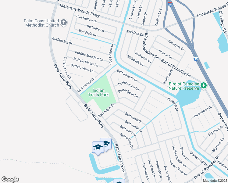 map of restaurants, bars, coffee shops, grocery stores, and more near 96 Buttonworth Drive in Palm Coast