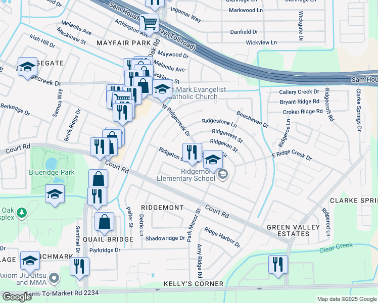 map of restaurants, bars, coffee shops, grocery stores, and more near 5127 Ridgeton Drive in Houston