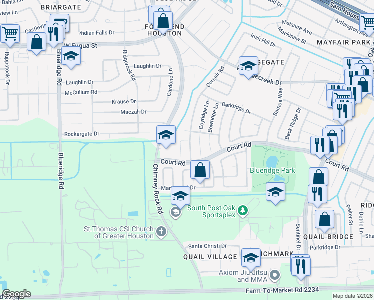 map of restaurants, bars, coffee shops, grocery stores, and more near 16247 Corsair Road in Houston
