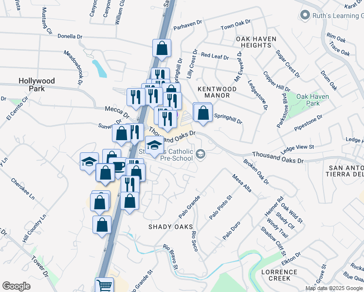 map of restaurants, bars, coffee shops, grocery stores, and more near 1602 Thousand Oaks Drive in San Antonio