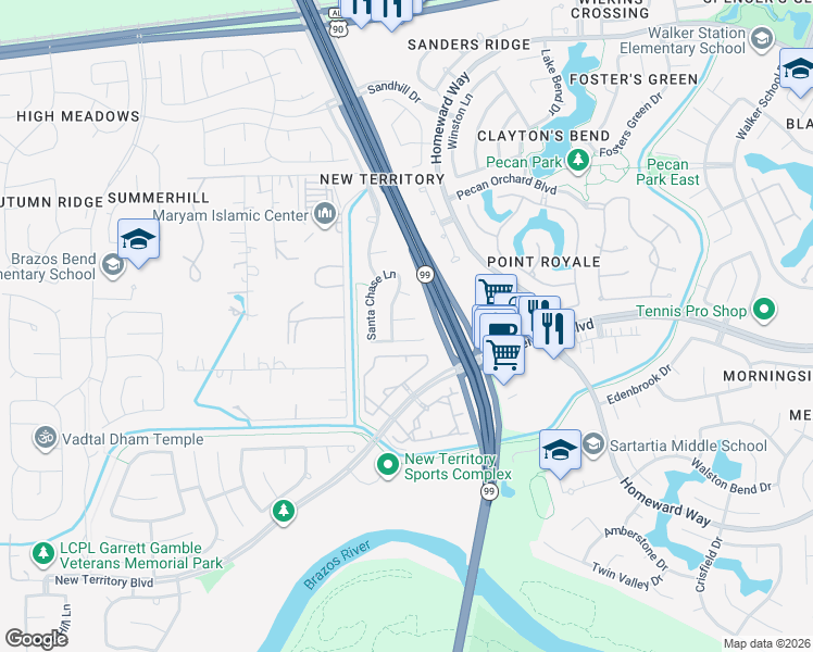 map of restaurants, bars, coffee shops, grocery stores, and more near 5550 Morgan Park Lane in Sugar Land