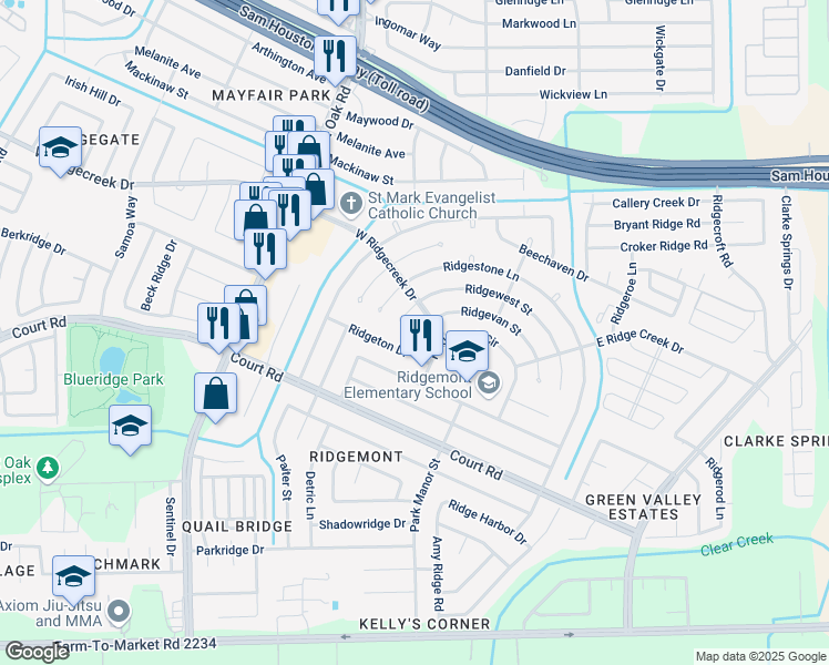 map of restaurants, bars, coffee shops, grocery stores, and more near 5127 Ridgeton Drive in Houston