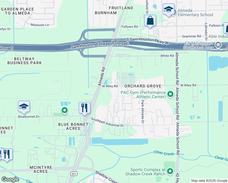 map of restaurants, bars, coffee shops, grocery stores, and more near 42 West Riley Road in Houston