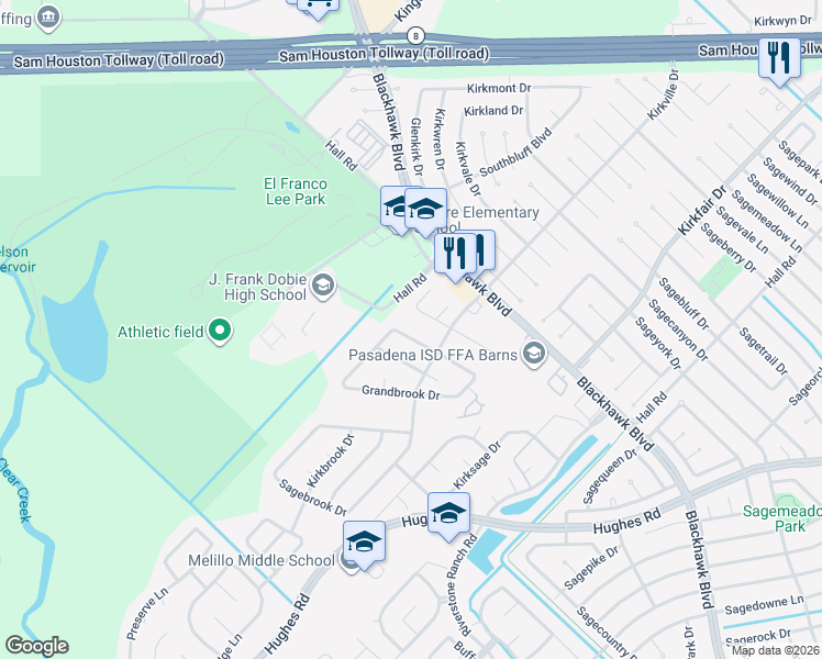 map of restaurants, bars, coffee shops, grocery stores, and more near 10334 Claybrook Drive in Houston