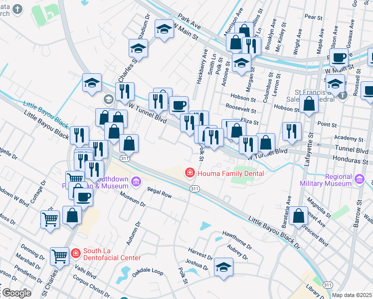 map of restaurants, bars, coffee shops, grocery stores, and more near 100 Melissa Lane in Houma