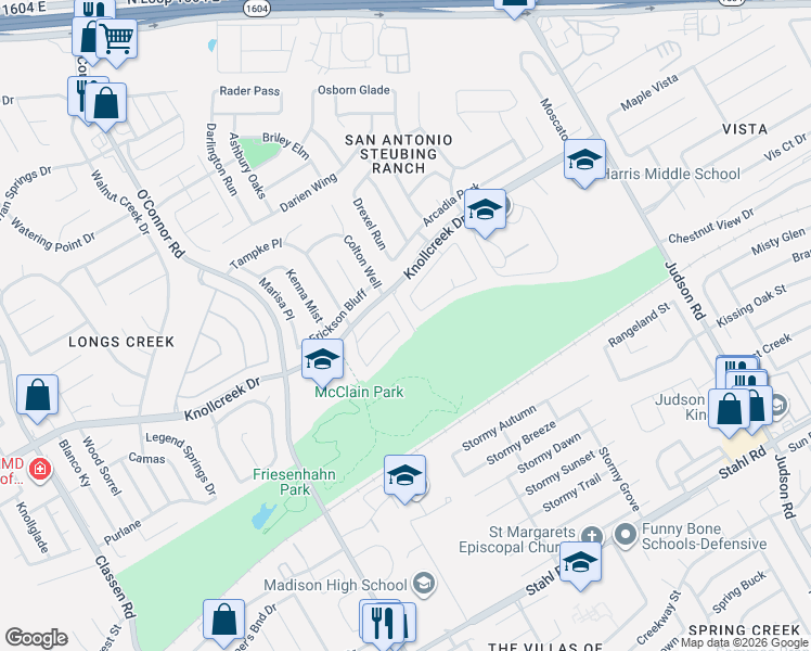 map of restaurants, bars, coffee shops, grocery stores, and more near 5234 Sagerock Pass in San Antonio