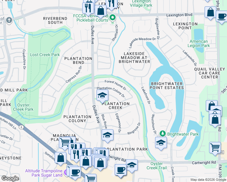 map of restaurants, bars, coffee shops, grocery stores, and more near 4631 Forest Home Drive in Missouri City