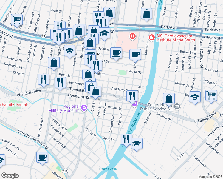 map of restaurants, bars, coffee shops, grocery stores, and more near 819 Lee Avenue in Houma