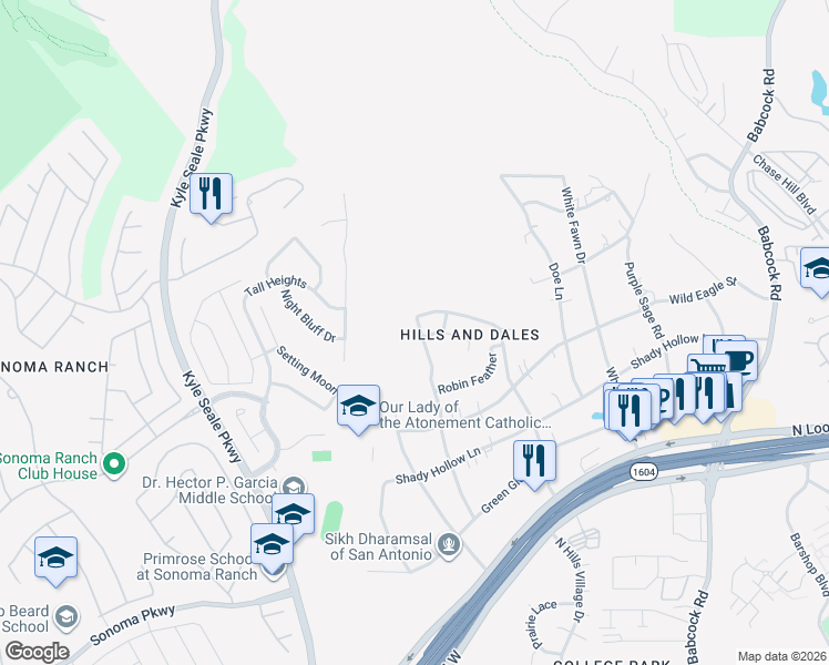 map of restaurants, bars, coffee shops, grocery stores, and more near 15838 Cotton Tail Lane in San Antonio