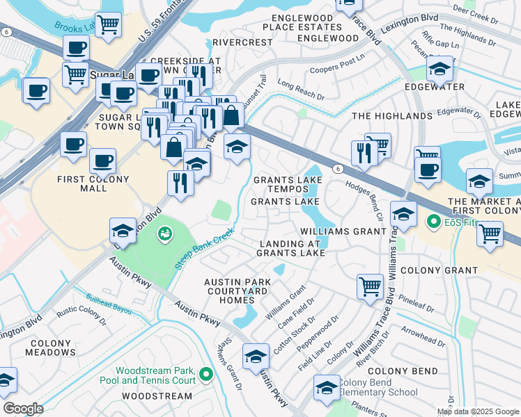 map of restaurants, bars, coffee shops, grocery stores, and more near 2710 Grants Lake Boulevard in Sugar Land