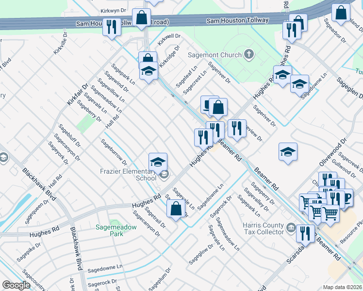 map of restaurants, bars, coffee shops, grocery stores, and more near 11019 Sagewind Drive in Houston