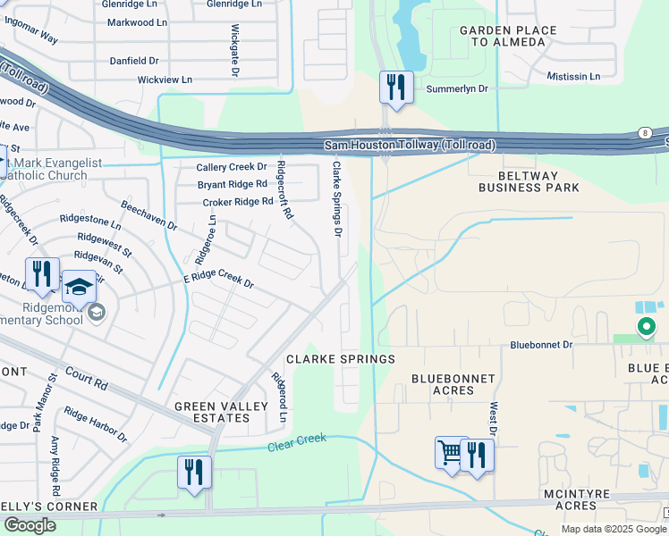 map of restaurants, bars, coffee shops, grocery stores, and more near 15850 Clarke Springs Drive in Houston