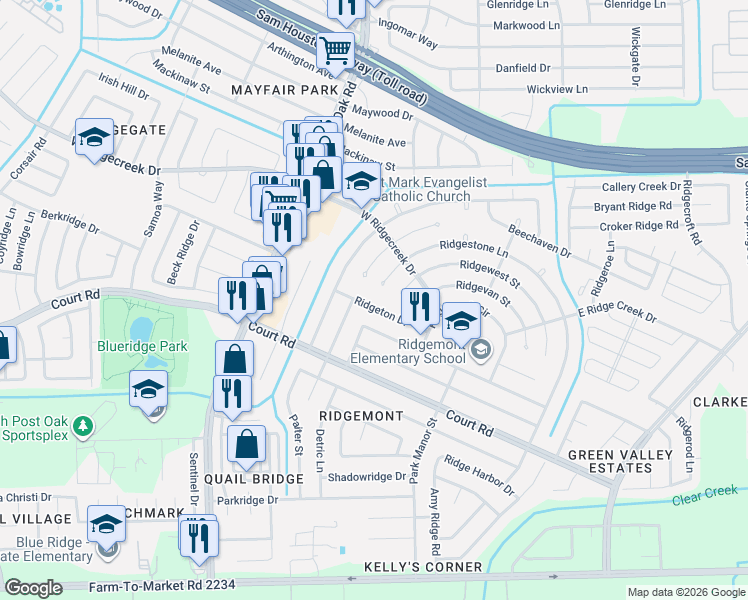 map of restaurants, bars, coffee shops, grocery stores, and more near 5339 Ridge Turn Drive in Houston