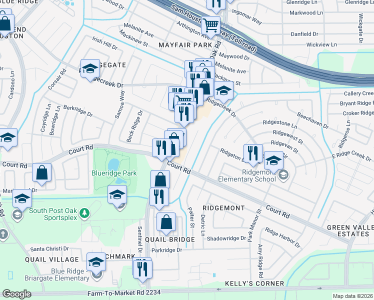 map of restaurants, bars, coffee shops, grocery stores, and more near 16134 Bantam Ridge Court in Houston