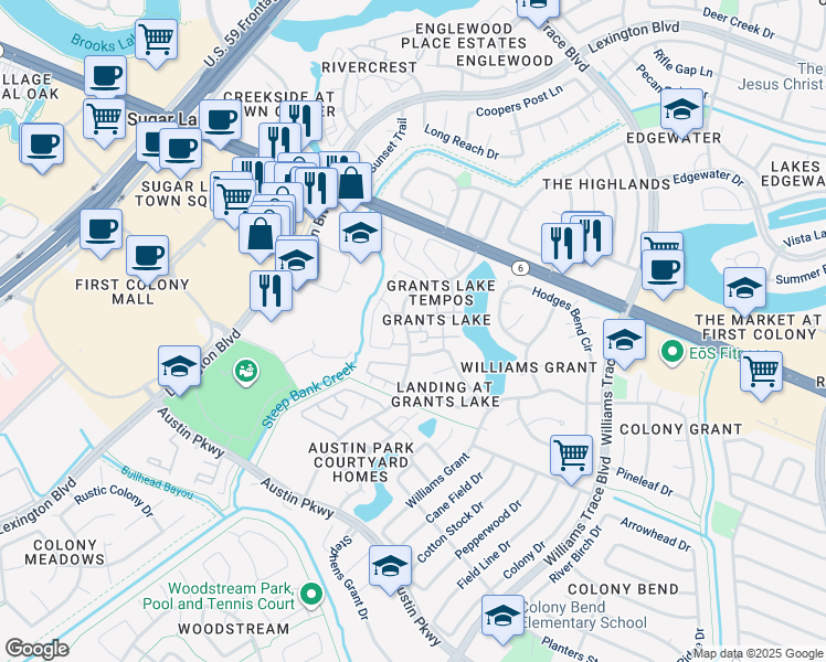 map of restaurants, bars, coffee shops, grocery stores, and more near 2710 Grants Lake Boulevard in Sugar Land