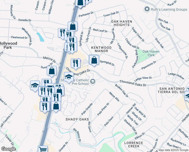 map of restaurants, bars, coffee shops, grocery stores, and more near 1583 Thousand Oaks Drive in San Antonio