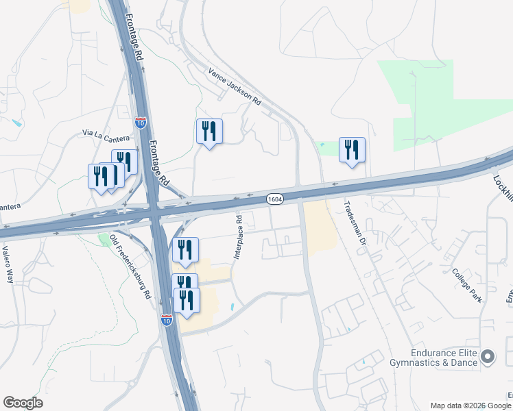 map of restaurants, bars, coffee shops, grocery stores, and more near 5321 North Loop 1604 West in San Antonio