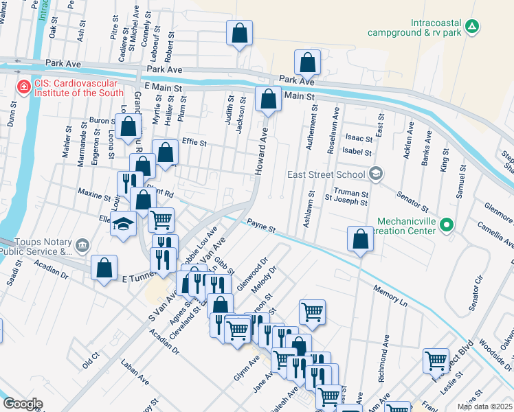 map of restaurants, bars, coffee shops, grocery stores, and more near 302 Lincoln Street in Houma