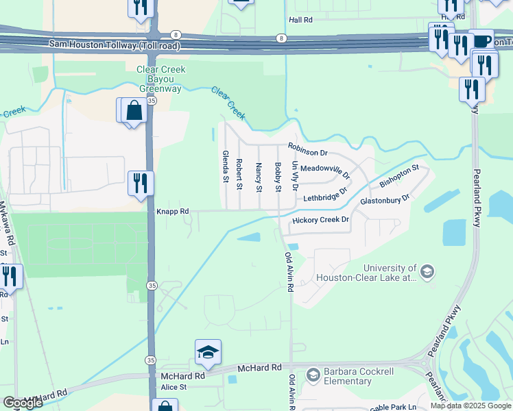 map of restaurants, bars, coffee shops, grocery stores, and more near 1134 Nancy Street in Pearland