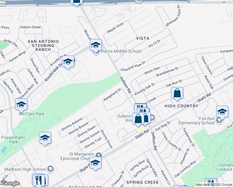 map of restaurants, bars, coffee shops, grocery stores, and more near 5583 Rangeland Street in San Antonio