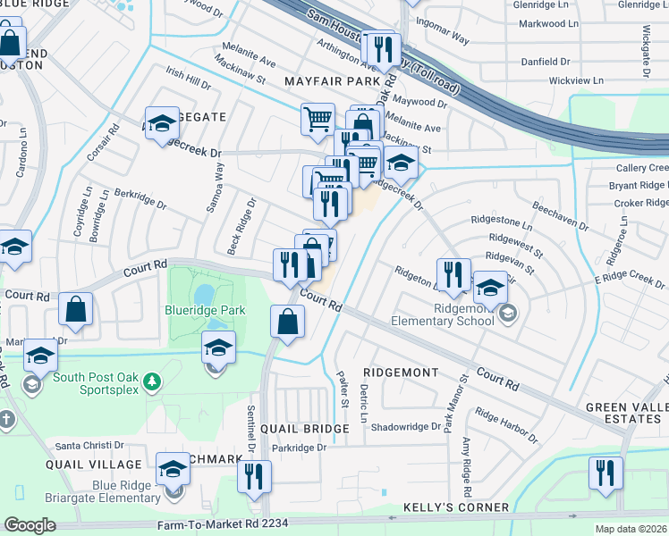 map of restaurants, bars, coffee shops, grocery stores, and more near 16134 Bantam Ridge Court in Houston