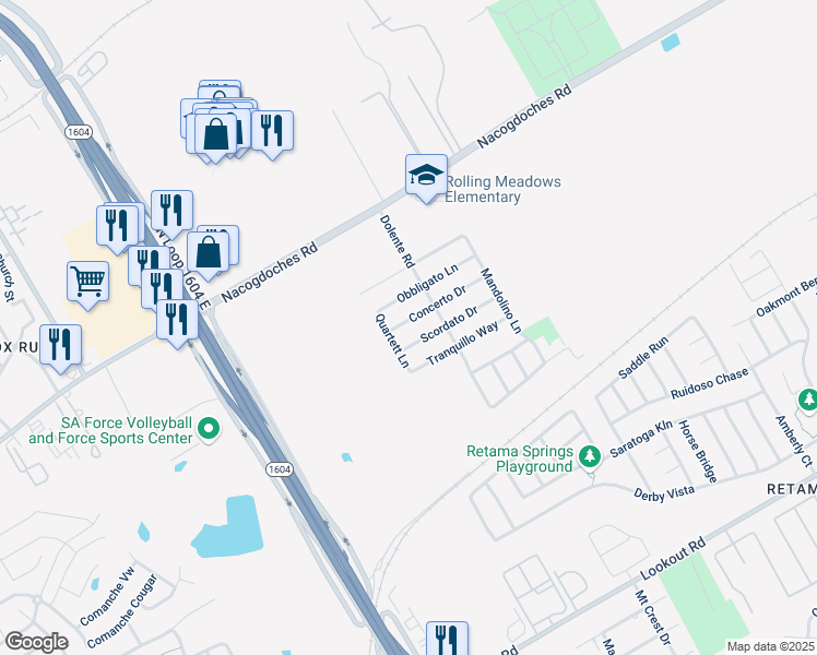 map of restaurants, bars, coffee shops, grocery stores, and more near 7318 Concerto Drive in San Antonio