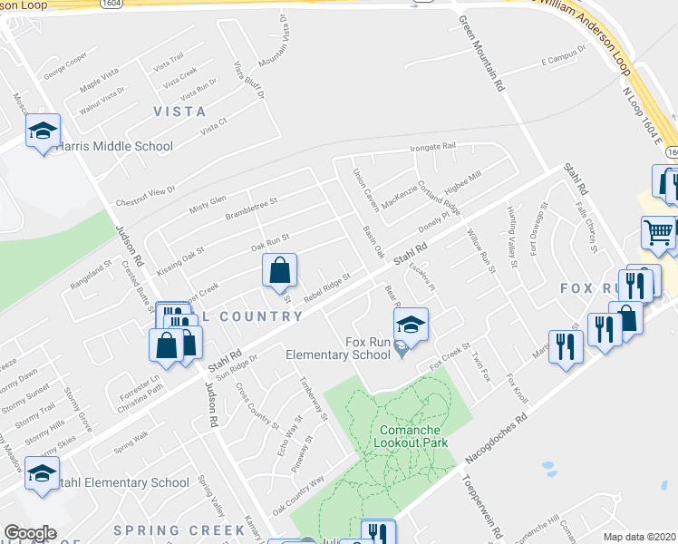 map of restaurants, bars, coffee shops, grocery stores, and more near 16307 Puma Pass Street in San Antonio