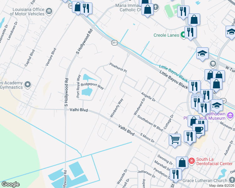 map of restaurants, bars, coffee shops, grocery stores, and more near 251 Inglewood Way in Houma