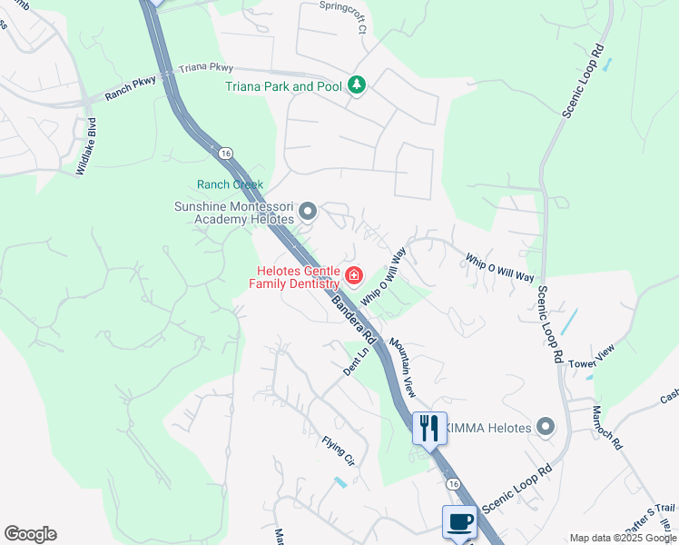 map of restaurants, bars, coffee shops, grocery stores, and more near 15972 Bandera Road in Helotes