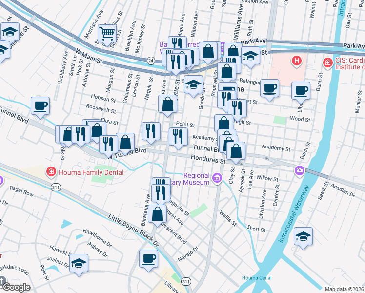map of restaurants, bars, coffee shops, grocery stores, and more near 804 Grinage Street in Houma