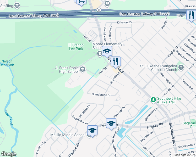 map of restaurants, bars, coffee shops, grocery stores, and more near 8731 Camber Brook Drive in Houston