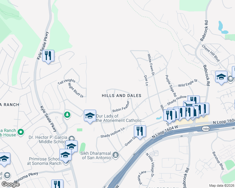 map of restaurants, bars, coffee shops, grocery stores, and more near 15770 Cotton Tail Lane in San Antonio