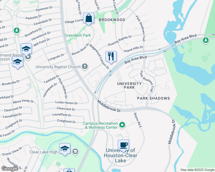 map of restaurants, bars, coffee shops, grocery stores, and more near 3700 Bay Area Boulevard in Houston