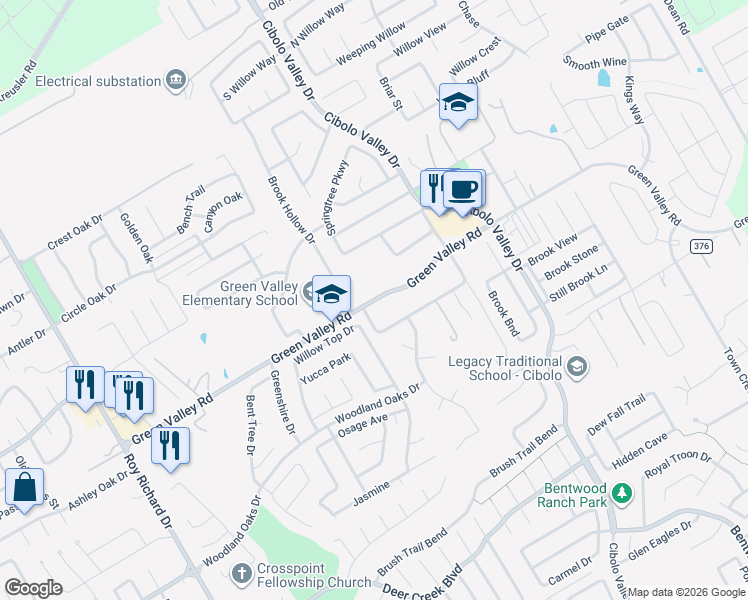 map of restaurants, bars, coffee shops, grocery stores, and more near 3900 Brook Hollow Drive in Schertz