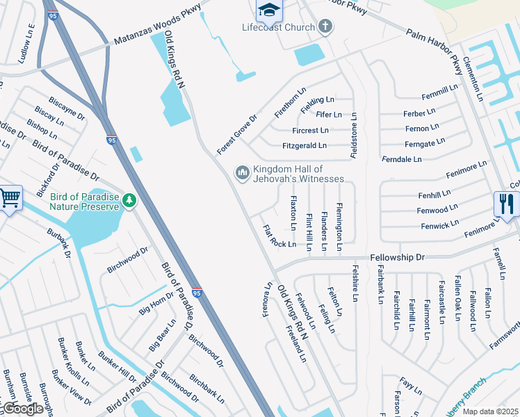 map of restaurants, bars, coffee shops, grocery stores, and more near 5 Flemingwood Ln in Palm Coast