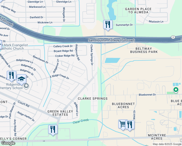 map of restaurants, bars, coffee shops, grocery stores, and more near 15850 Clarke Springs Drive in Houston