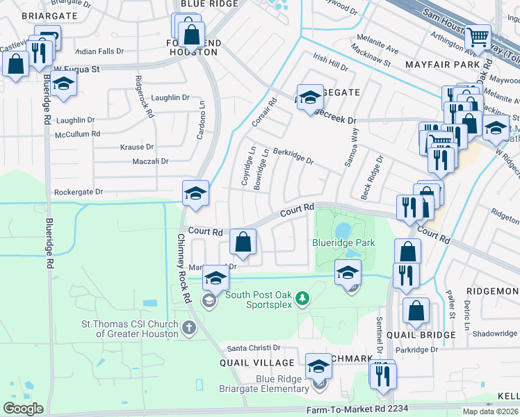 map of restaurants, bars, coffee shops, grocery stores, and more near 16207 Bowridge Lane in Houston