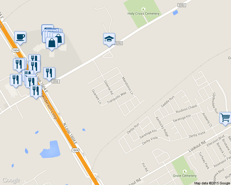 map of restaurants, bars, coffee shops, grocery stores, and more near 7415 Scordato Drive in San Antonio