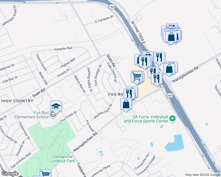 map of restaurants, bars, coffee shops, grocery stores, and more near 16526 Front Royal Street in San Antonio