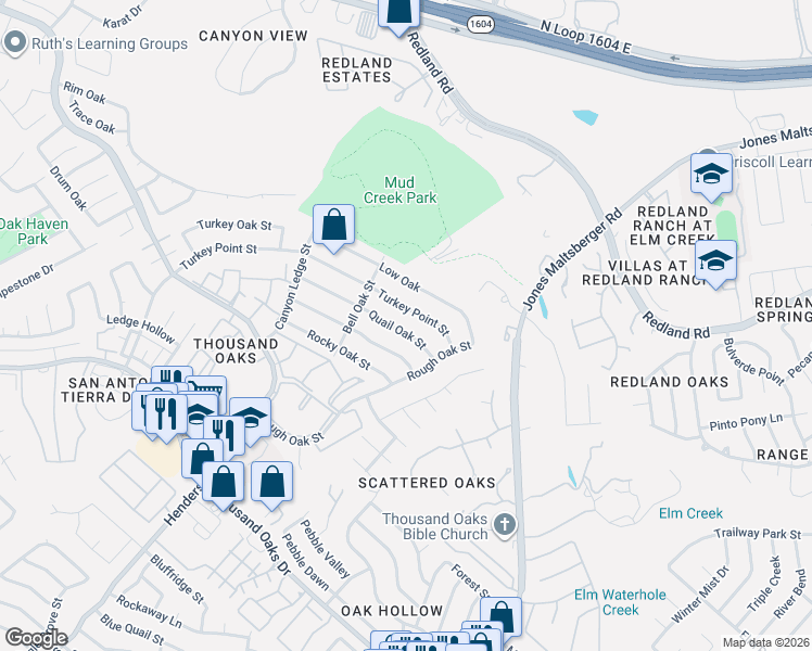 map of restaurants, bars, coffee shops, grocery stores, and more near 17022 Turkey Point Street in San Antonio