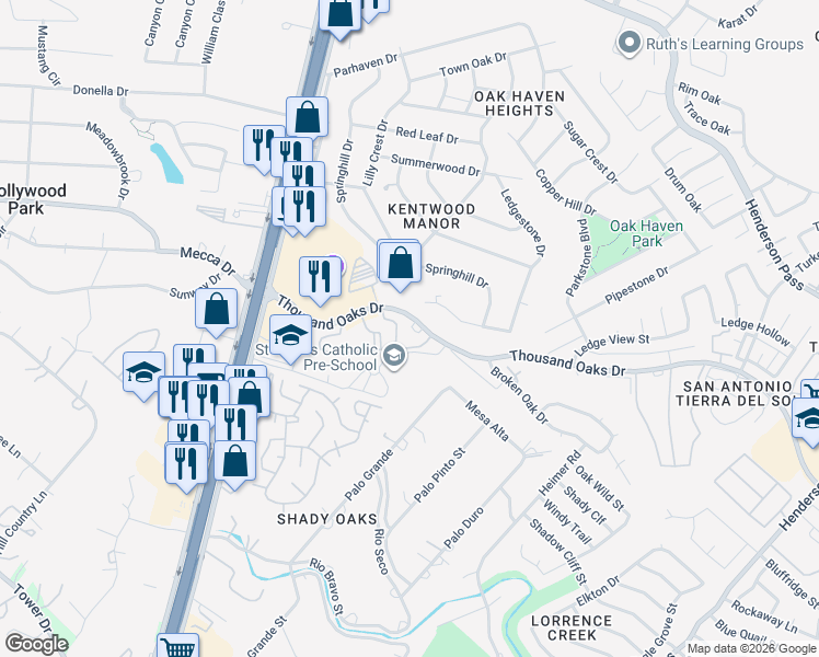 map of restaurants, bars, coffee shops, grocery stores, and more near 1583 Thousand Oaks Drive in San Antonio